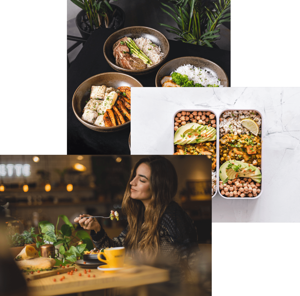 Woman eating and holding a fork, two meals side-by-side inside of container boxes, three meal bows on a black table 